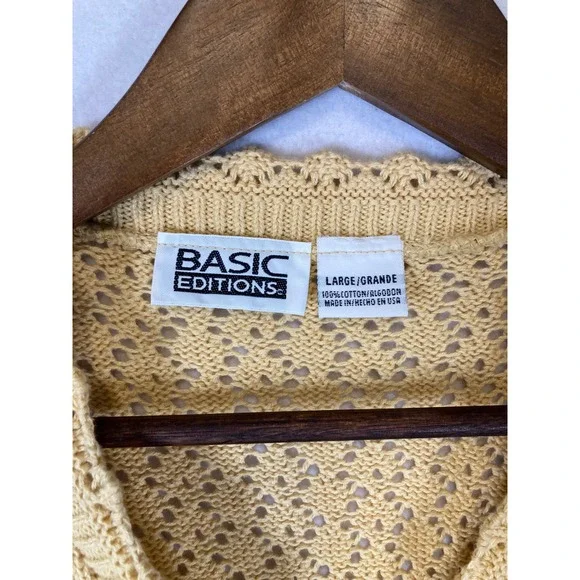 Vintage Basic Editions Women Large Yellow Crochet Knit Short Sleeve Cardigan - Picture 3 of 8